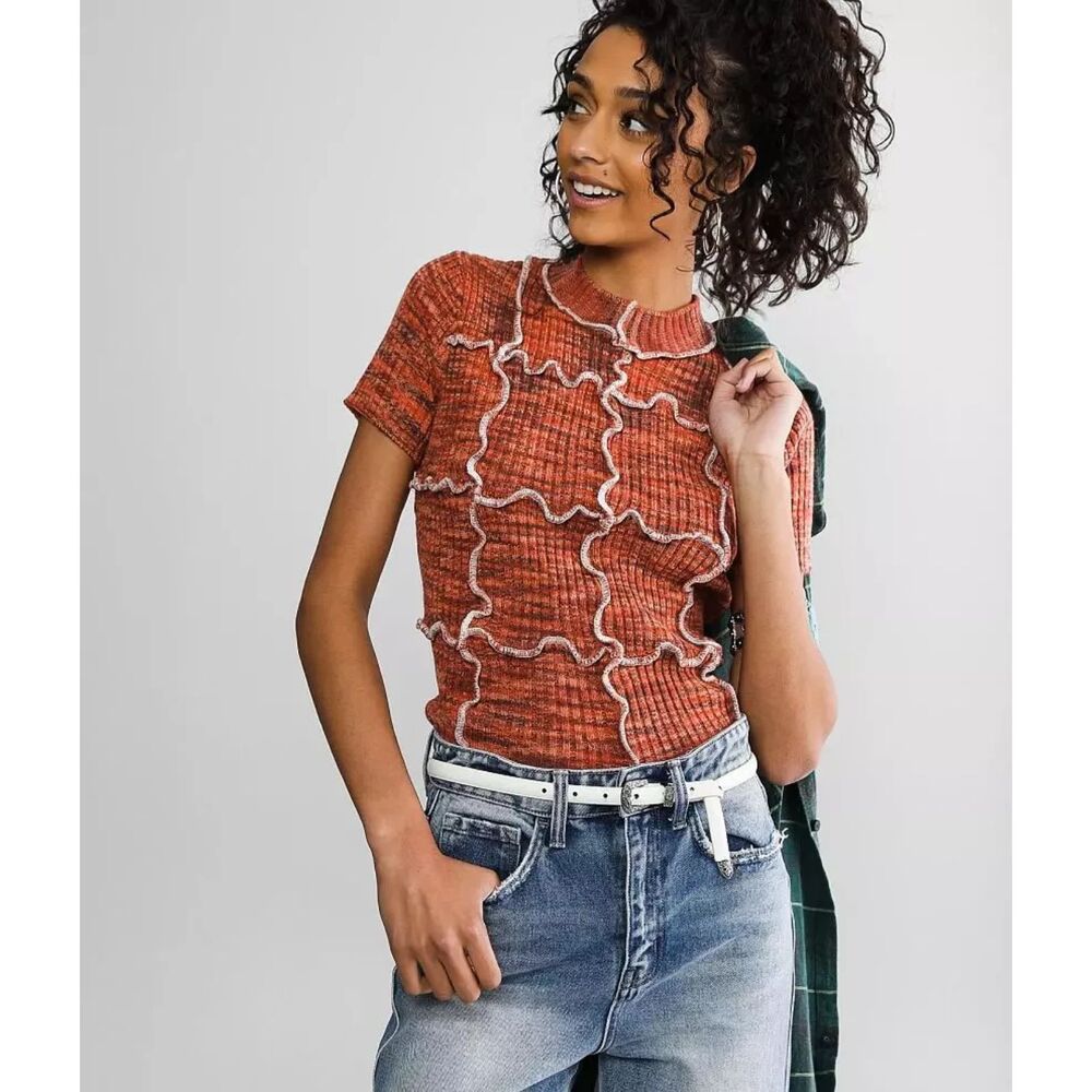 Gilded Intent Space Dyed Orange Ribbed Short Sleeve Women's XL Top